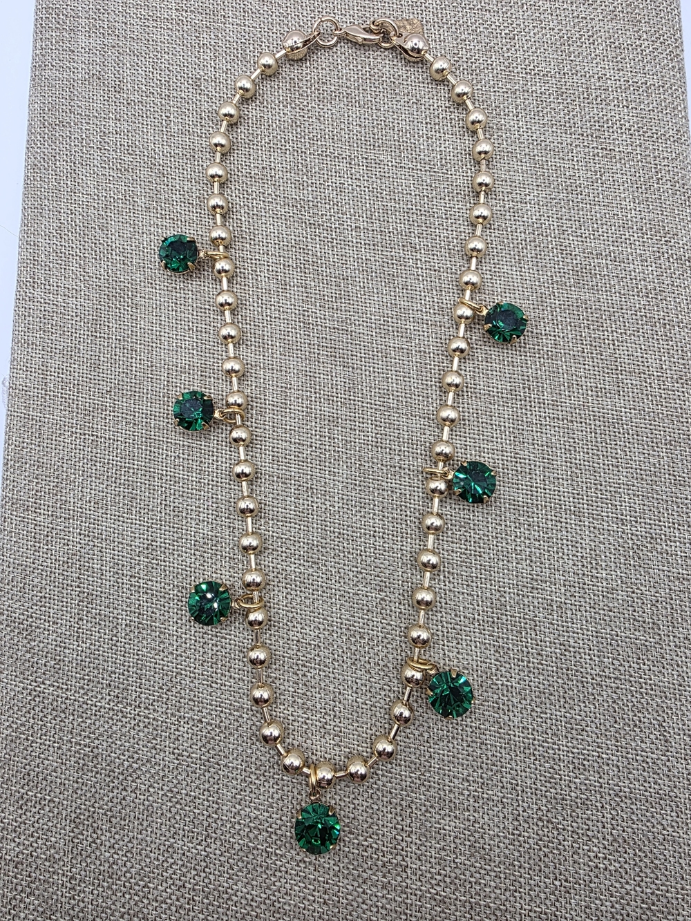 Yochi Gold Beaded Necklace with Emerald Green Crystal Drops
